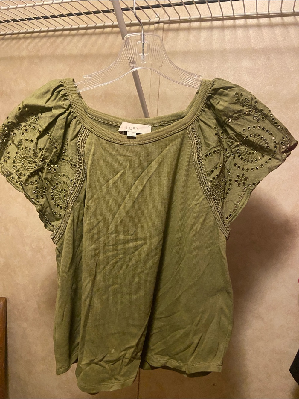LOFT Olive Eyelet Flutter Sleeve Knit Top